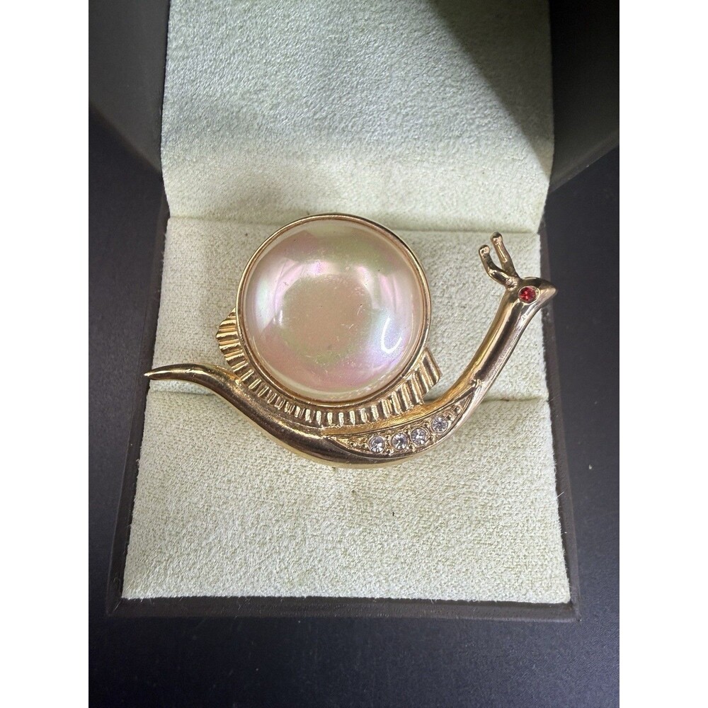 Vintage Signed Roman Snail Gold Tone Faux Pearl Rhinestones Accent Brooch/Pin